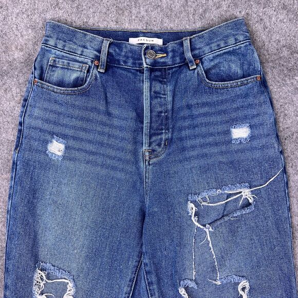 PacSun‎ Jeans Womens 27 Blue High Rise Straight Distressed Raw Hem Button Fly - Picture 2 of 14